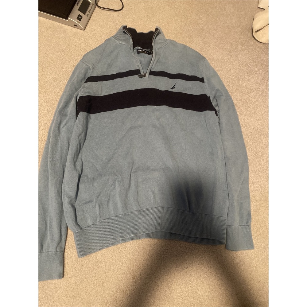 Nautica Mens Blue Striped Quarter Zip Pullover Sweater 100% Cotton Size M